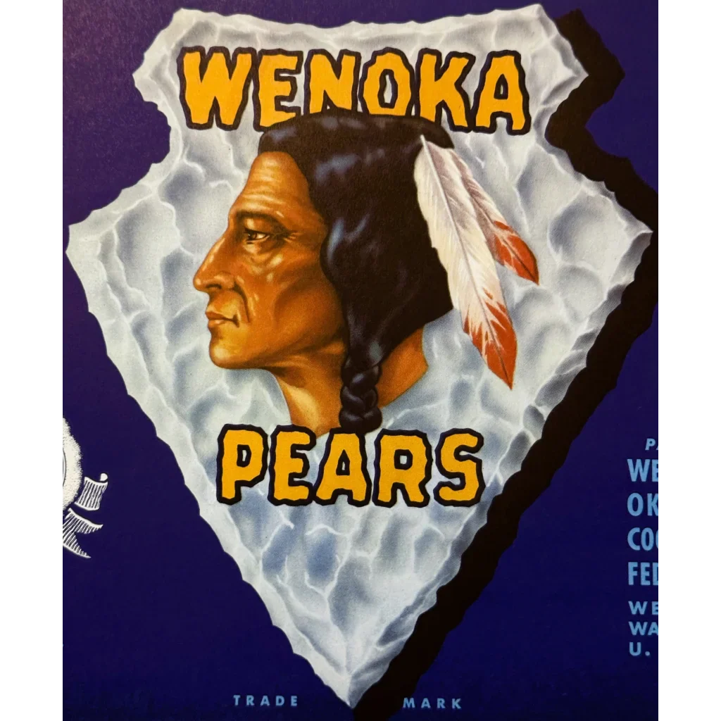 Rare 1940s Wenoka Pear Label Showcases Native American Design
