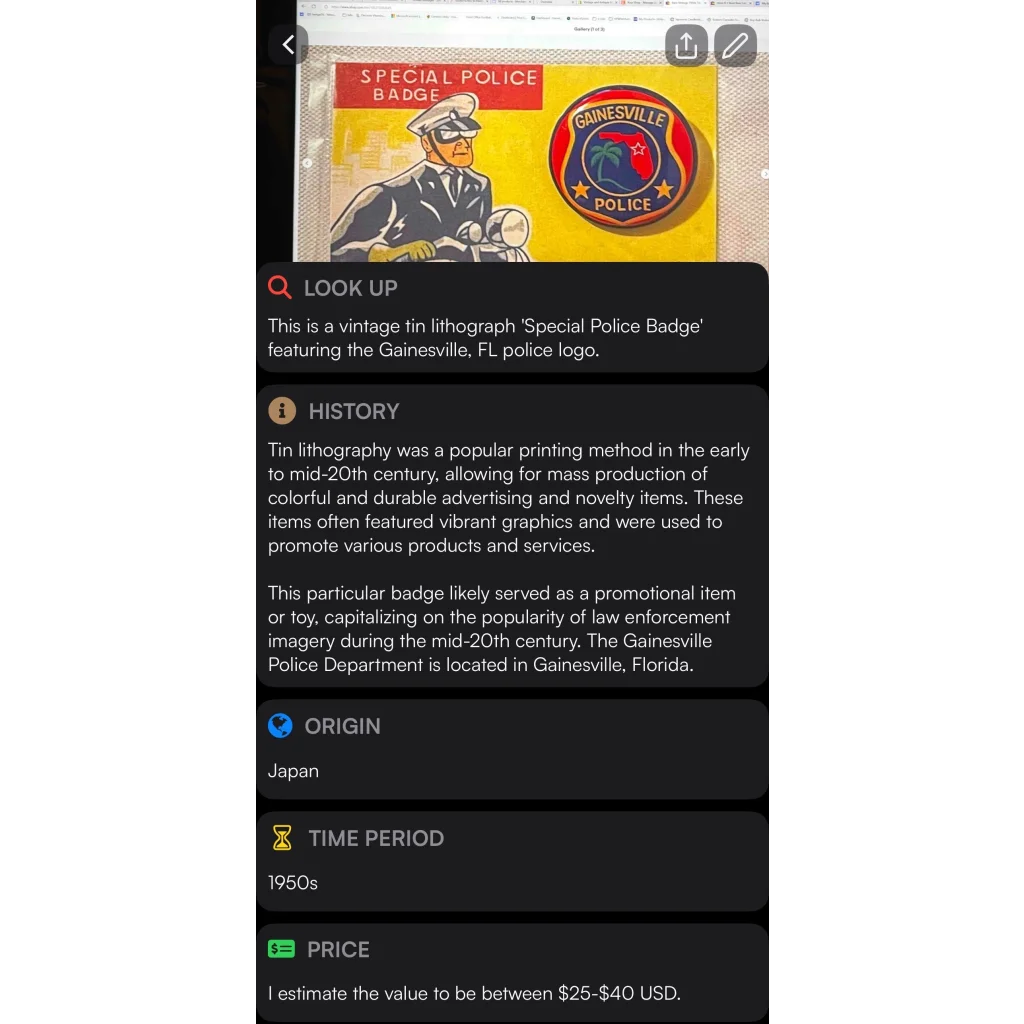 Rare 1950s Gainesville Special Police Vintage Tin Badge