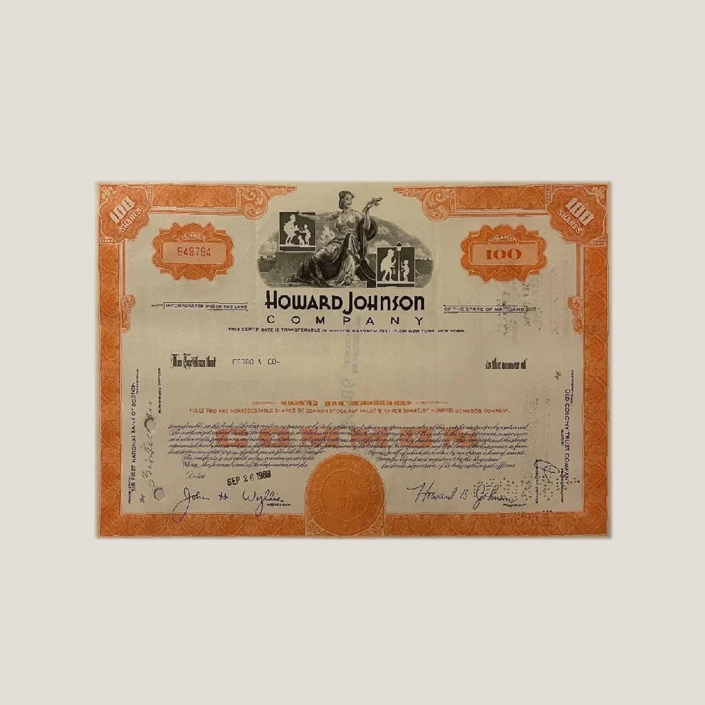 Rare 1960s Howard Johnson HoJo Stock Certificate Collectible