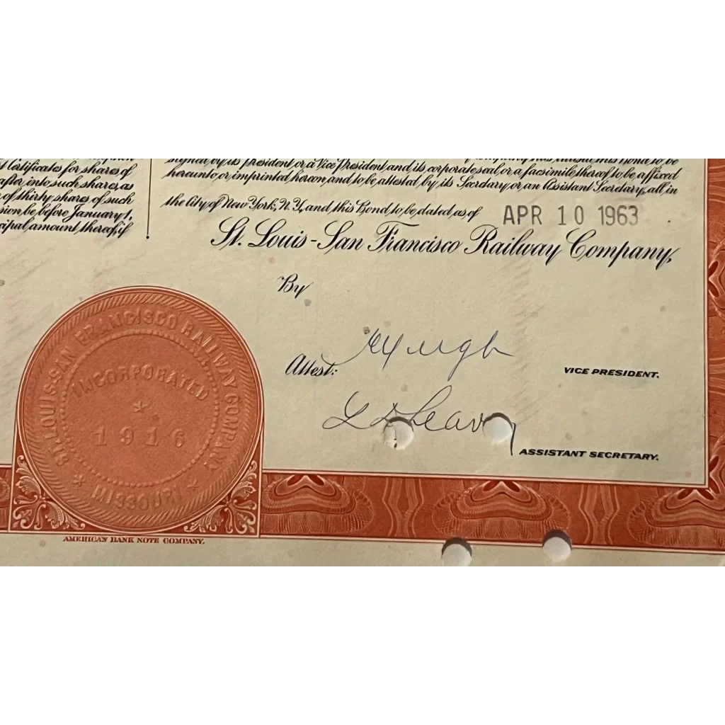 Rare 1963 St. Louis San Francisco Railway Gold Bond Certificate