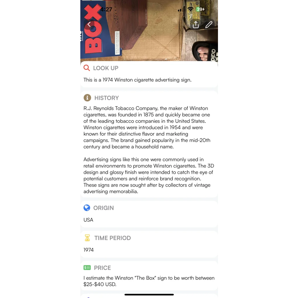 Rare 1974 Gloss Vintage Winston Cigarette Sign 3D Collectible