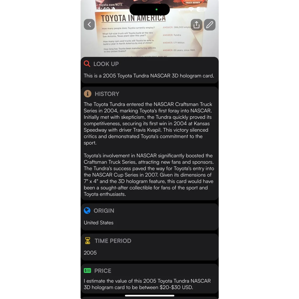 Rare 2005 NASCAR Winston Craftsman Toyota Tundra Hologram Card