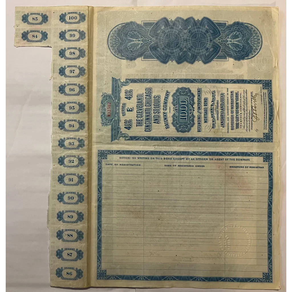 Rare 1927 Cleveland Cincinnati Chicago & St Louis Railway Bond