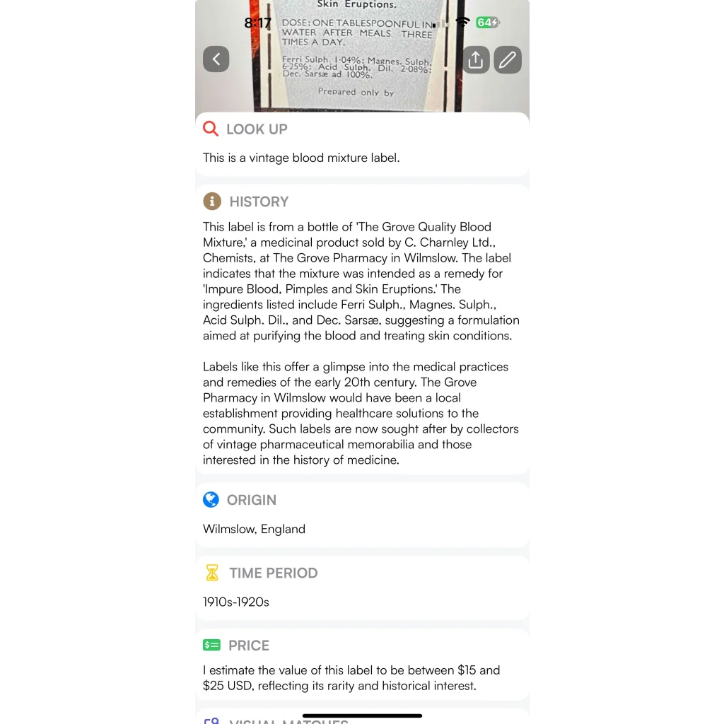 Rare Antique Blood Mixture Label from The Grove Pharmacy