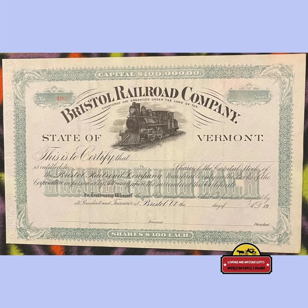 Rare Antique Bristol Vermont Railroad Stock Certificate Unearthed