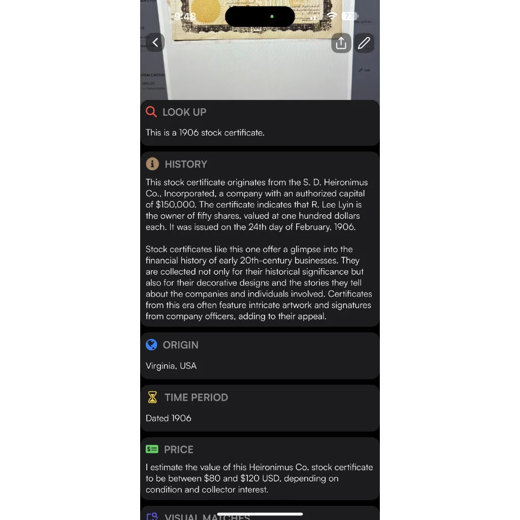 Rare Antique Heironimus Stock Certificate from Downtown Roanoke