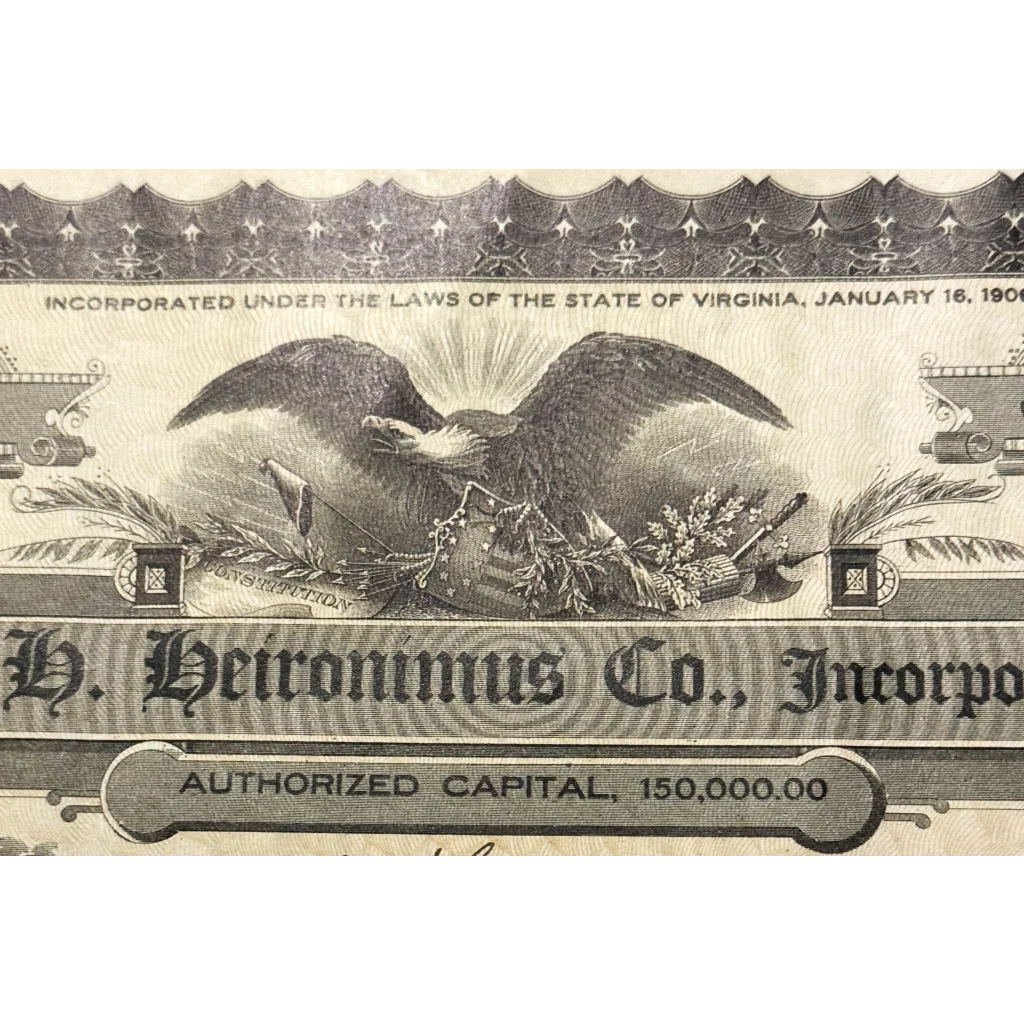 Rare Antique Heironimus Stock Certificate from Downtown Roanoke