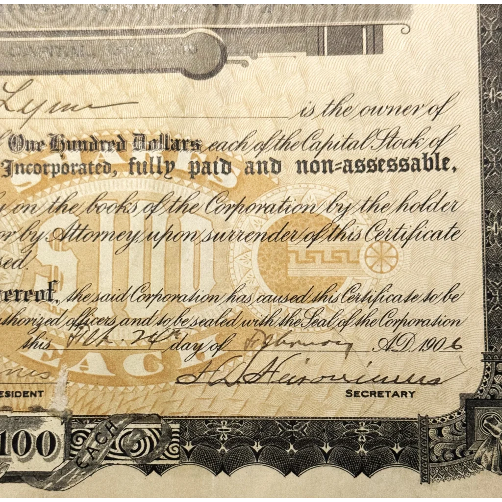 Rare Antique Heironimus Stock Certificate from Downtown Roanoke