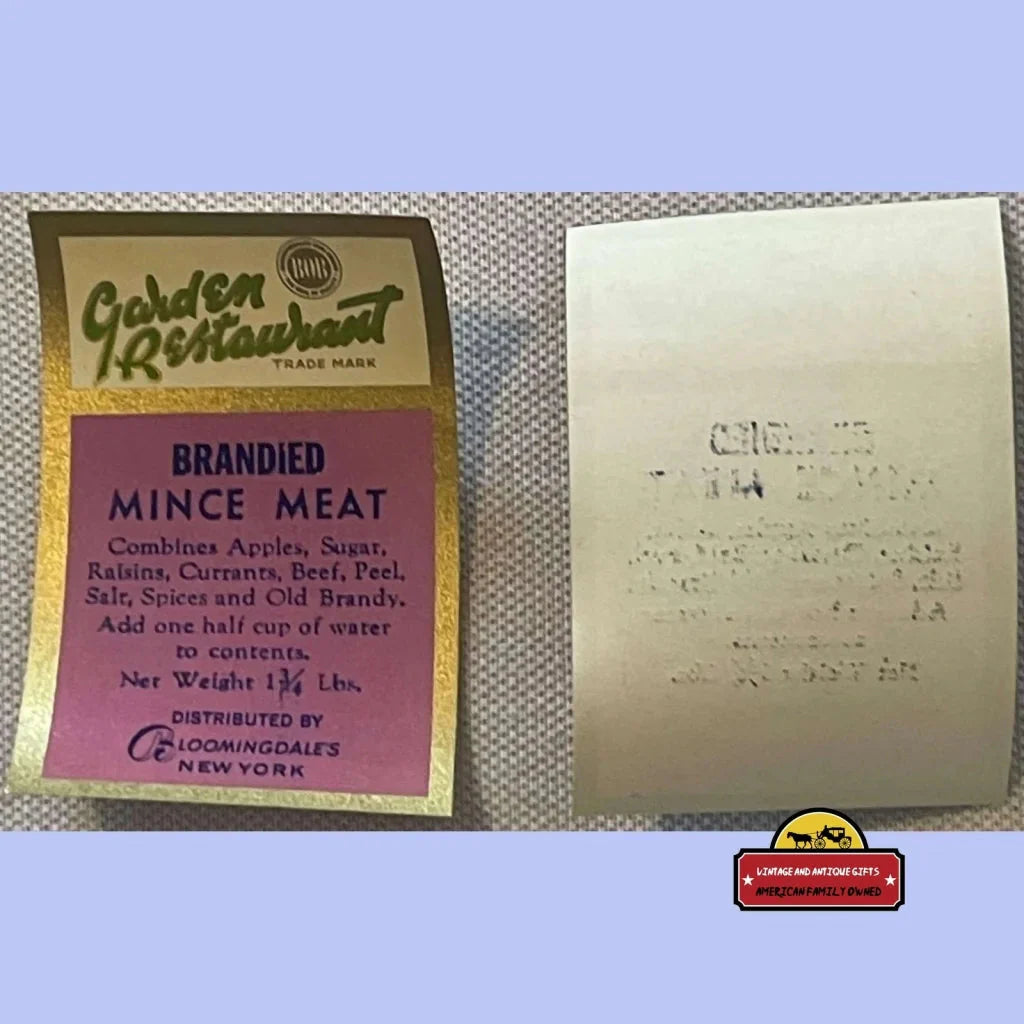 Rare Antique Golden Restaurant Mince Meat Label from Bloomingdales