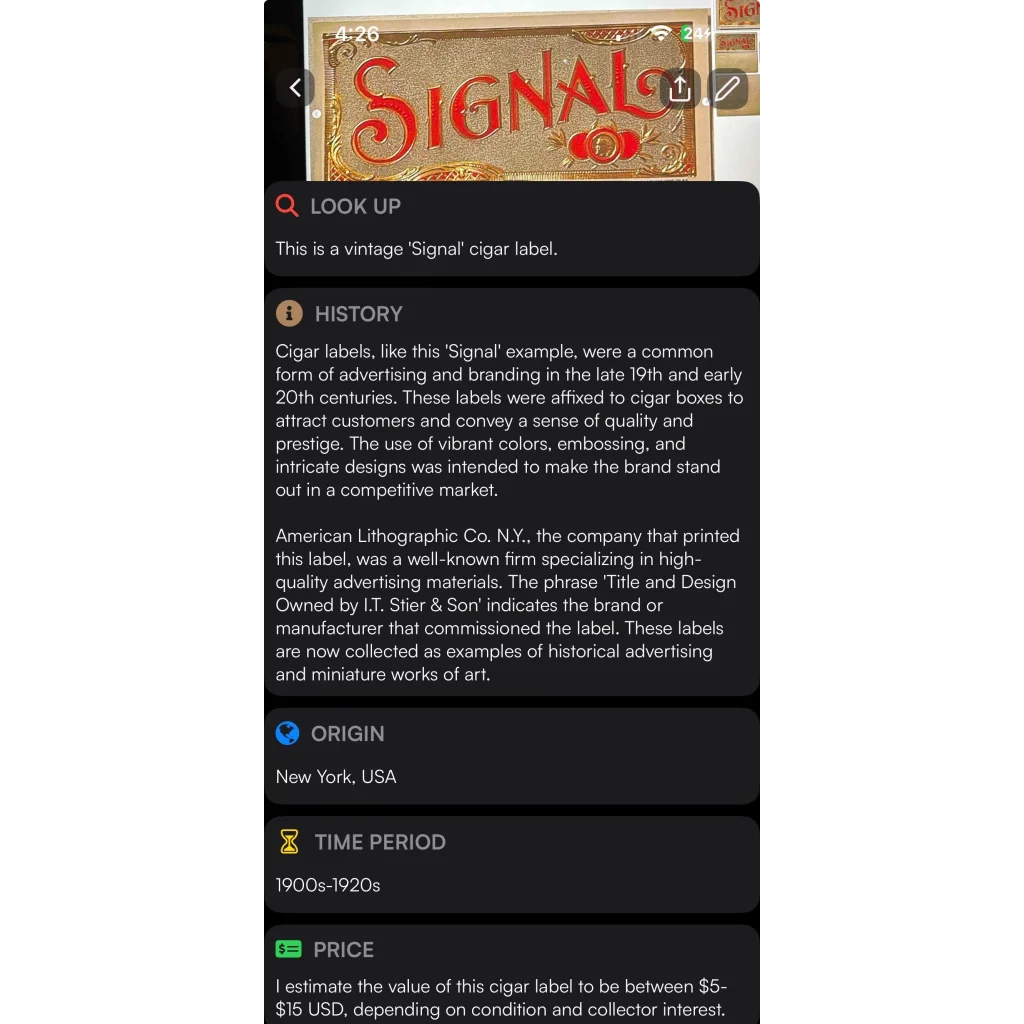 Rare Antique Vintage Signal Embossed Cigar Label from Early 1900s