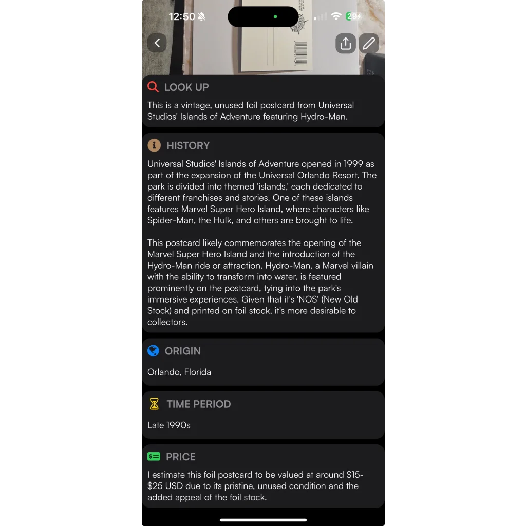 Rare Hydroman Marvel Comic Villain Postcard from Universal Studios