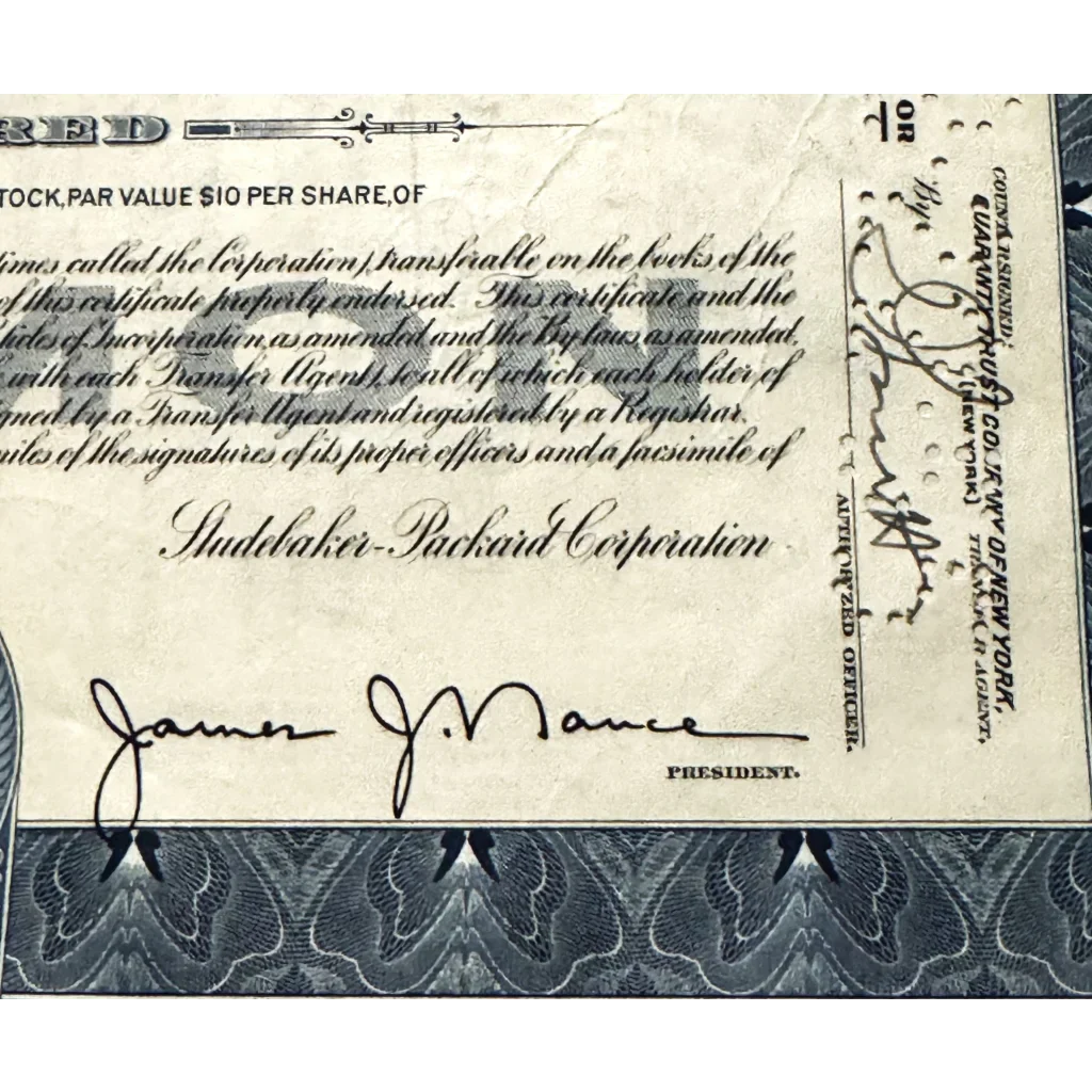 Rare Studebaker-Packard Stock Certificate Blue Beauty from 1950s
