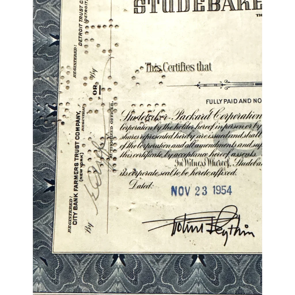 Rare Studebaker-Packard Stock Certificate Blue Beauty from 1950s