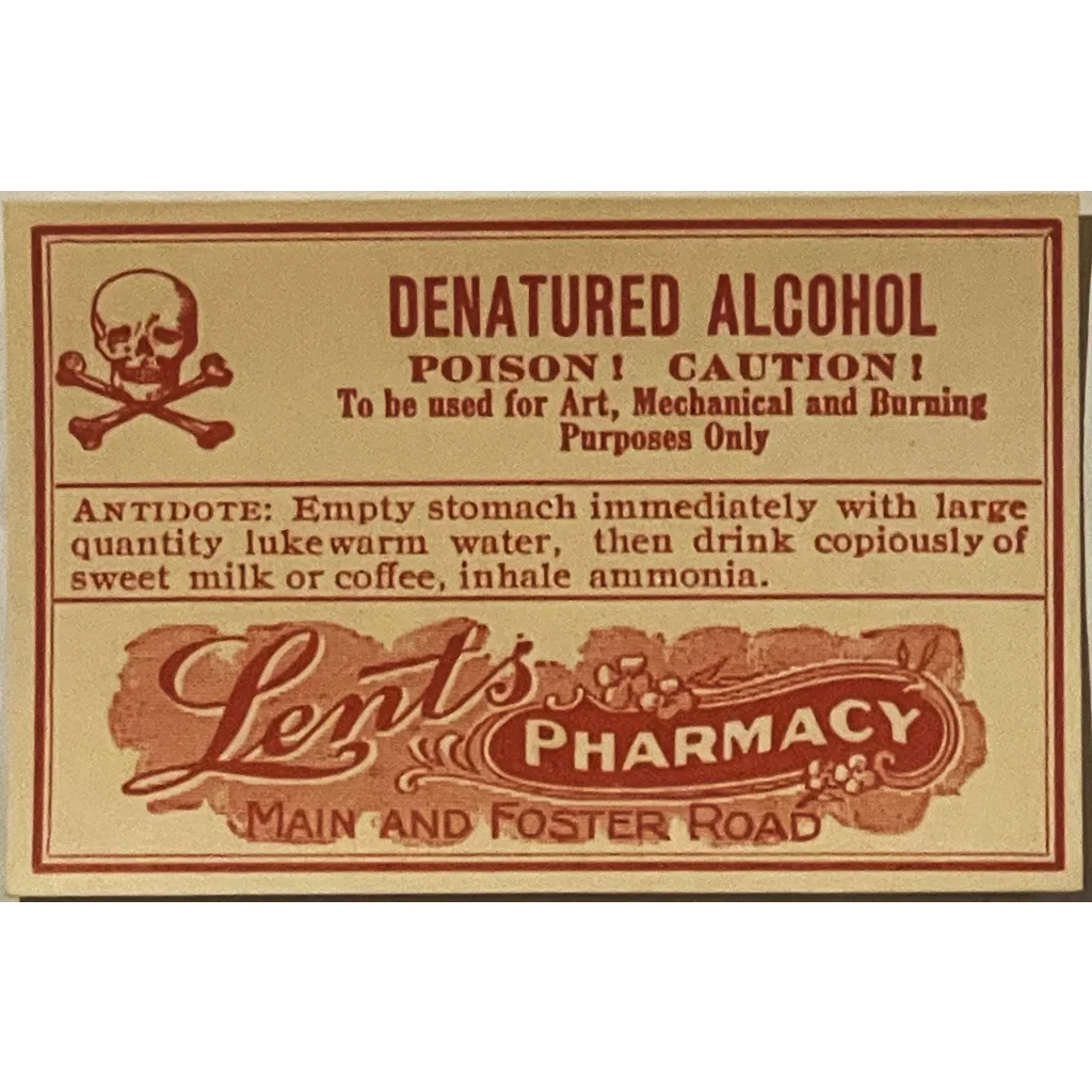 Rare Vintage 1920s Denatured Alcohol Label from Lents Pharmacy