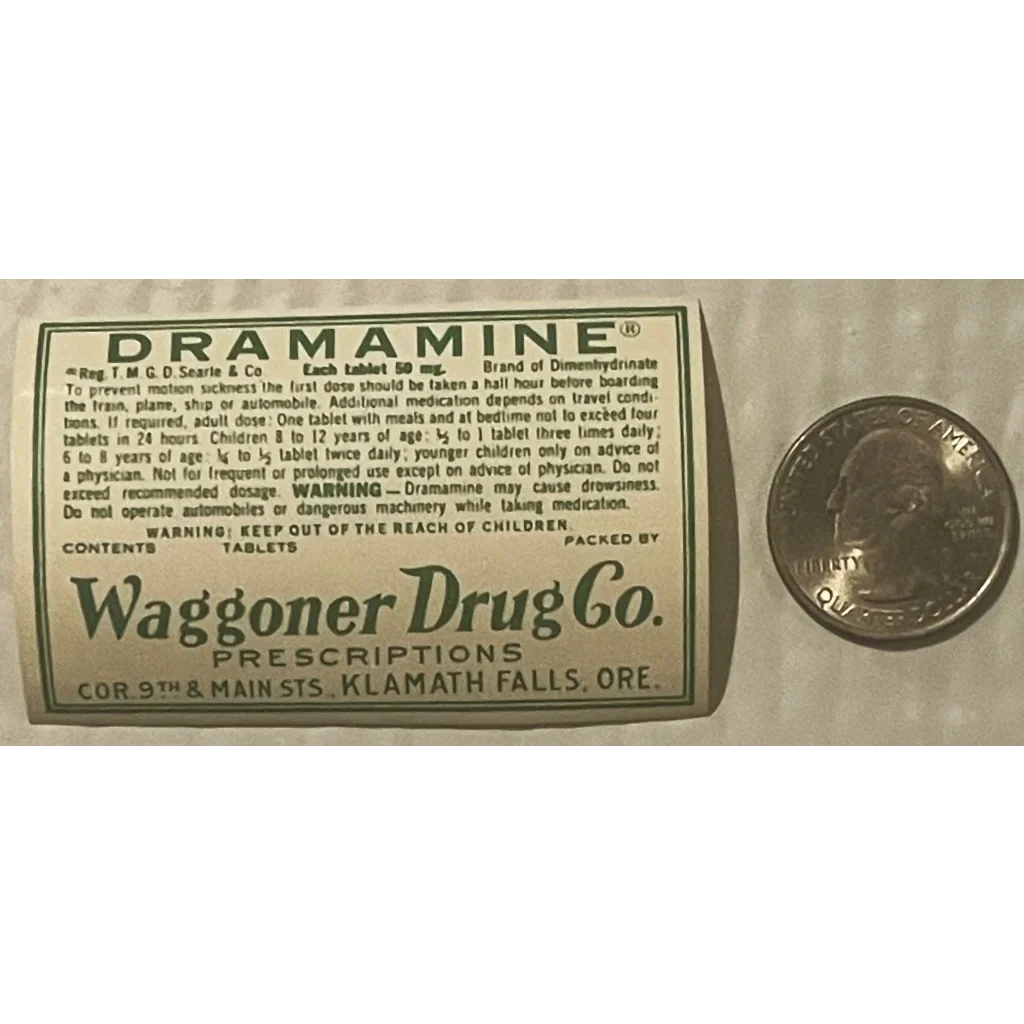 Rare Vintage 1940s Dramamine Label from Waggoner Drug Company