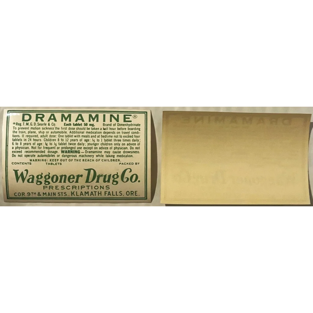 Rare Vintage 1940s Dramamine Label from Waggoner Drug Company