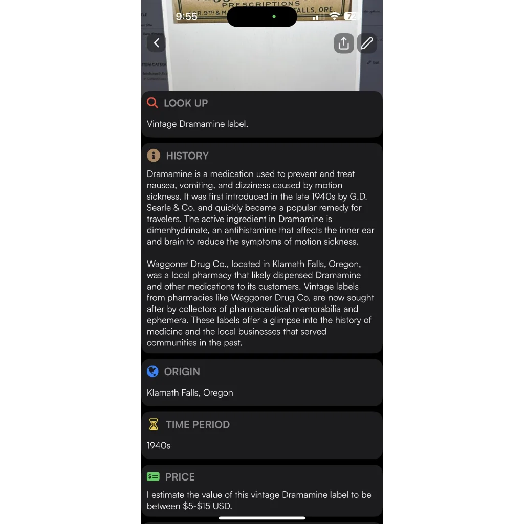 Rare Vintage 1940s Dramamine Label from Waggoner Drug Company