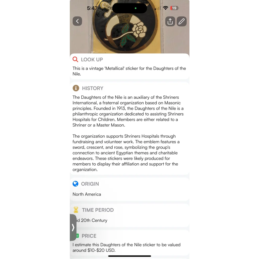 Rare Vintage 1960s Embla Crest Daughters of the Nile Decal