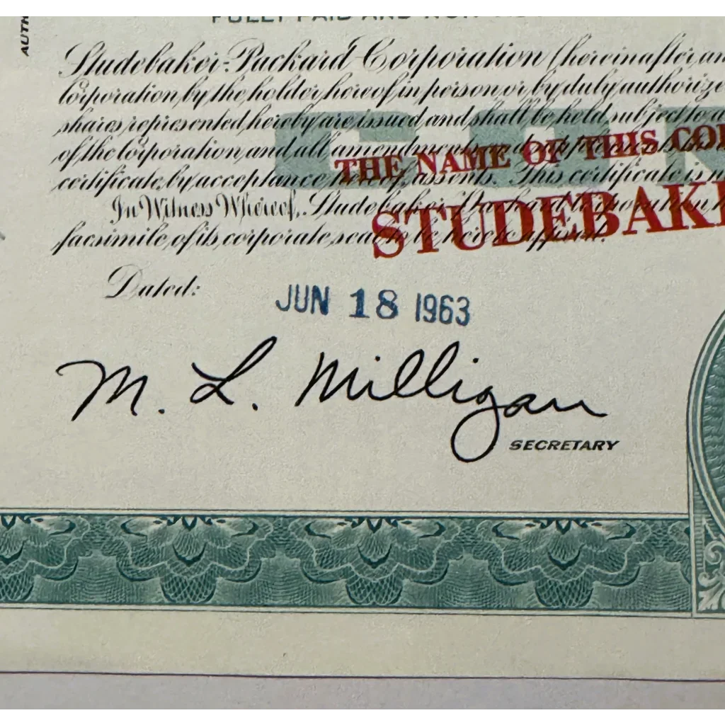 Rare Vintage 1960s Studebaker Packard Stock Certificate Teal Gem