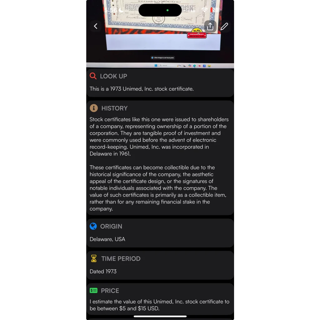 Rare Vintage 1970s Unimed Stock Certificate Collectible Treasure