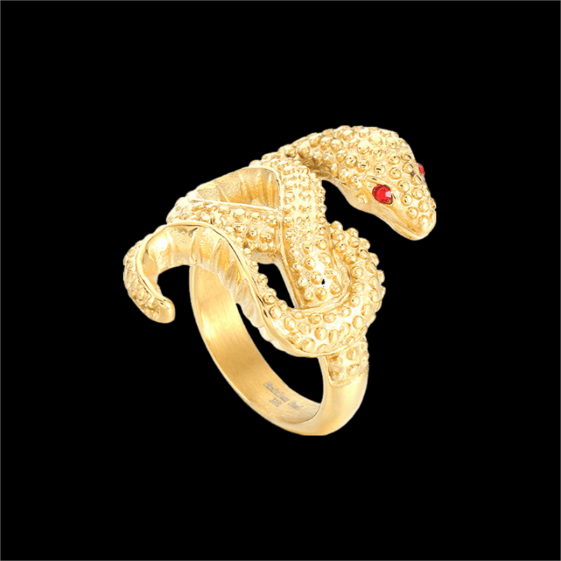 Anillo de acero inoxidable con forma de serpiente de ojos rojos