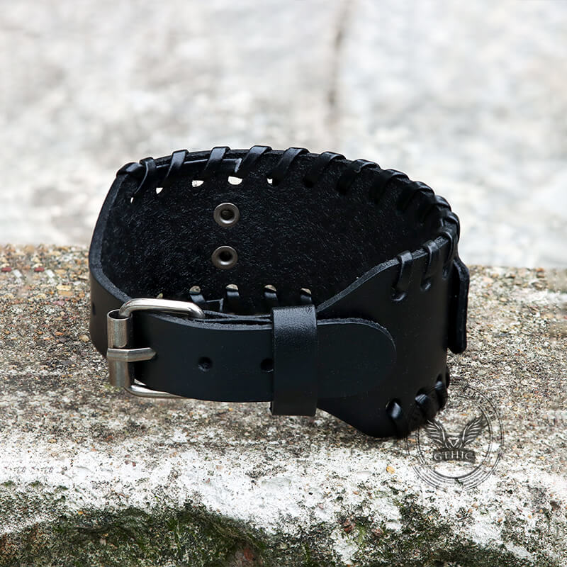 Pulsera vikinga de cuero y aleación con runas Valknut