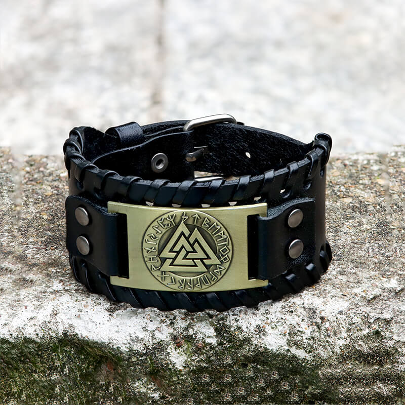 Pulsera vikinga de cuero y aleación con runas Valknut