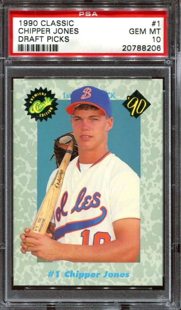Tarjeta de béisbol RC de novato Chipper Jones #1 del draft, clasificada en 1990, PSA 10 Gem Mint