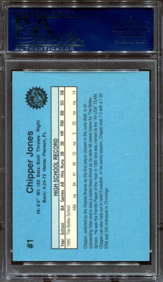 Tarjeta de béisbol RC de novato Chipper Jones #1 del draft, clasificada en 1990, PSA 10 Gem Mint