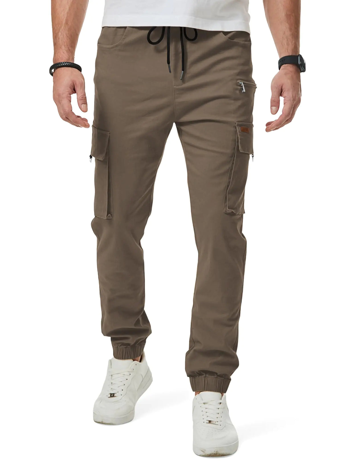 JMIERR Mens Cargo Pants Drawstring Stretch Waist Twill Joggers Trousers with Zip Pockets and Elastic Cuffs 2XL Earth Brown - Lootquake