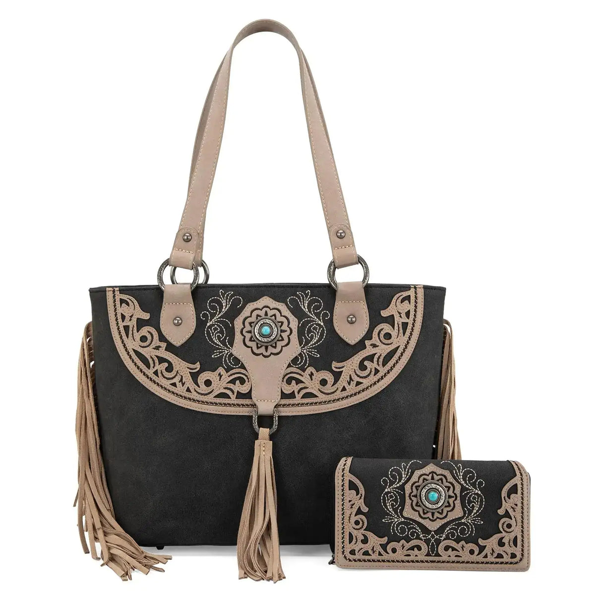 Montana West Western Tote Bag for Women Cut-Out Embroidered Handbags with Fringe Western Handbags and Wallet Set MW1307G-8317WBK - Lootquake