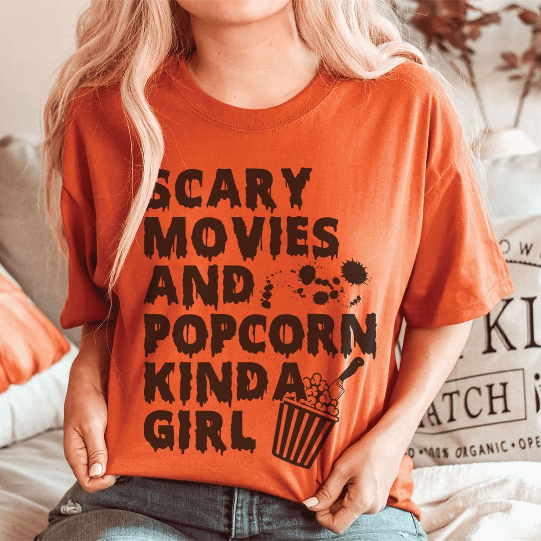 Camiseta de chica de películas de miedo y palomitas de maíz