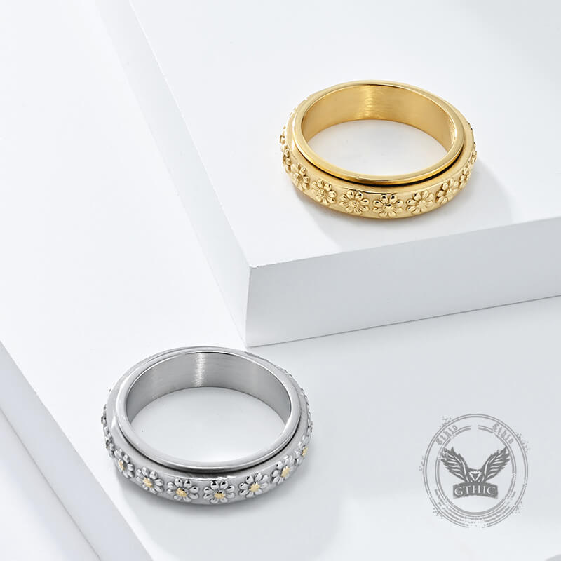 Anillo giratorio de acero inoxidable con diseño de margaritas sencillas