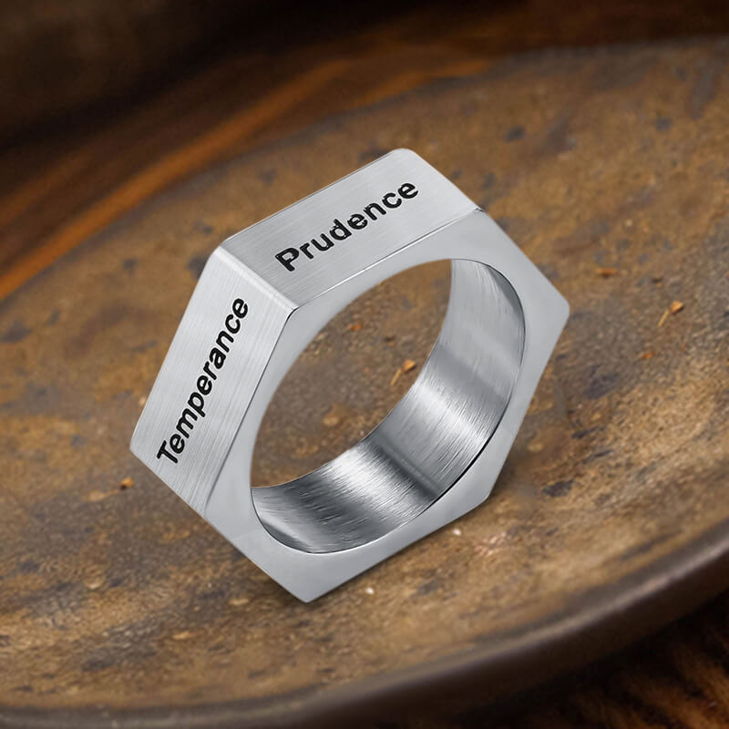 Anillo sencillo de acero inoxidable con siete pecados y siete virtudes