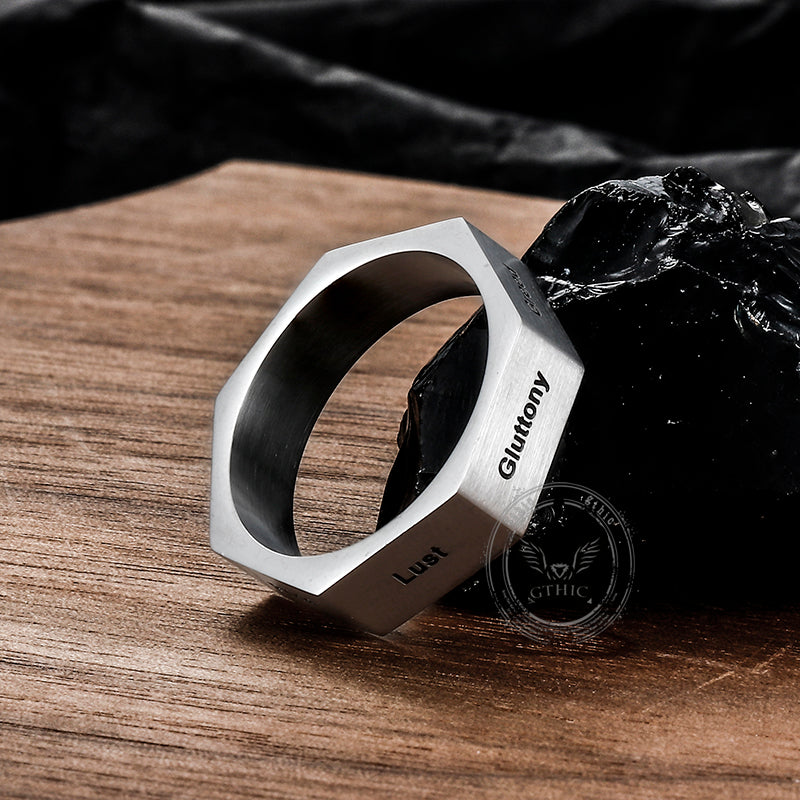 Anillo sencillo de acero inoxidable con siete pecados y siete virtudes