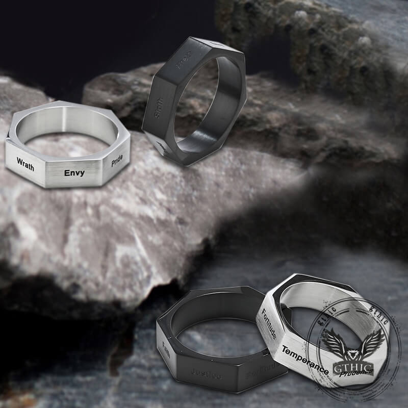 Anillo sencillo de acero inoxidable con siete pecados y siete virtudes