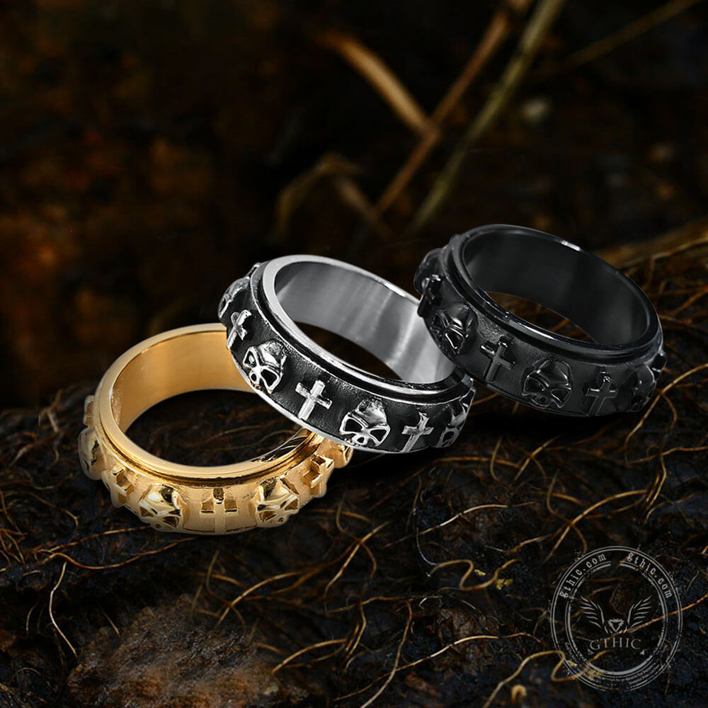 Anillo giratorio de acero inoxidable con cruz de calavera