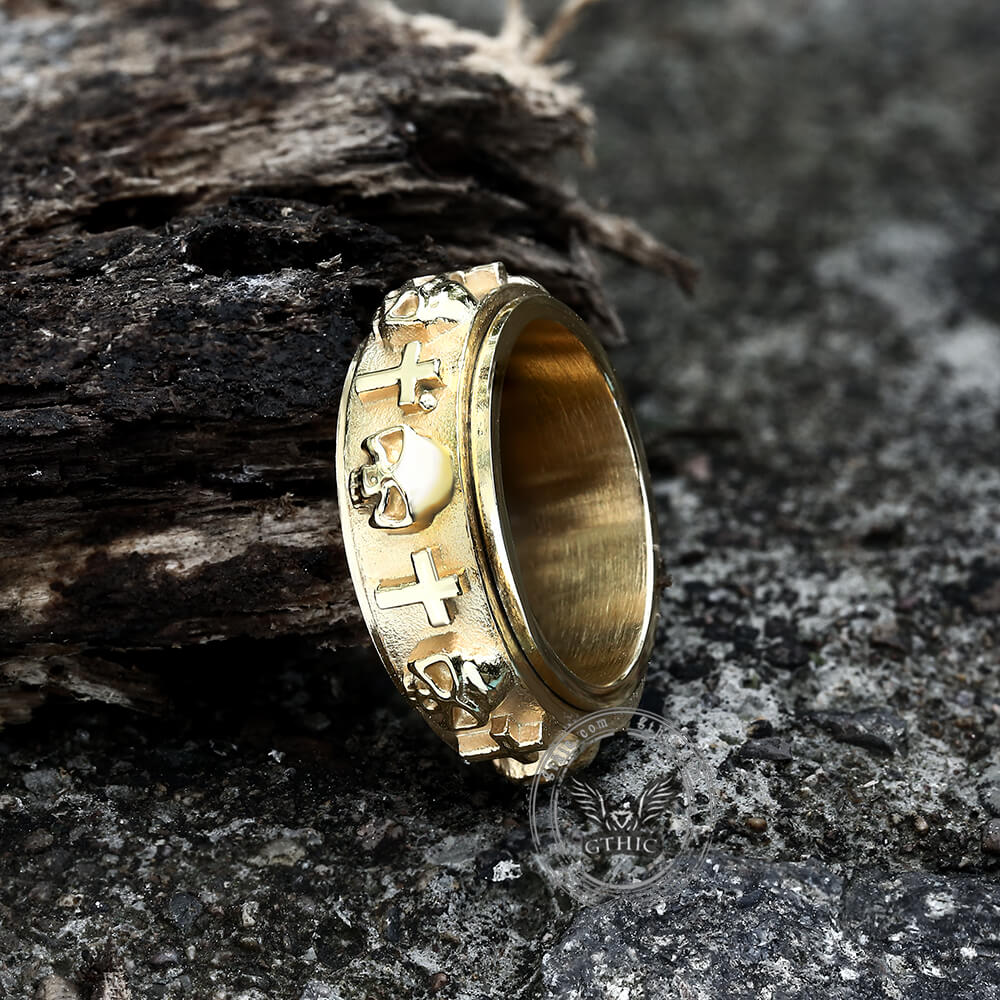 Anillo giratorio de acero inoxidable con cruz de calavera