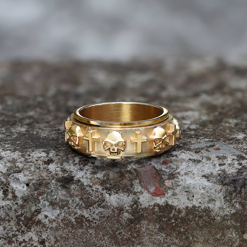 Anillo giratorio de acero inoxidable con cruz de calavera