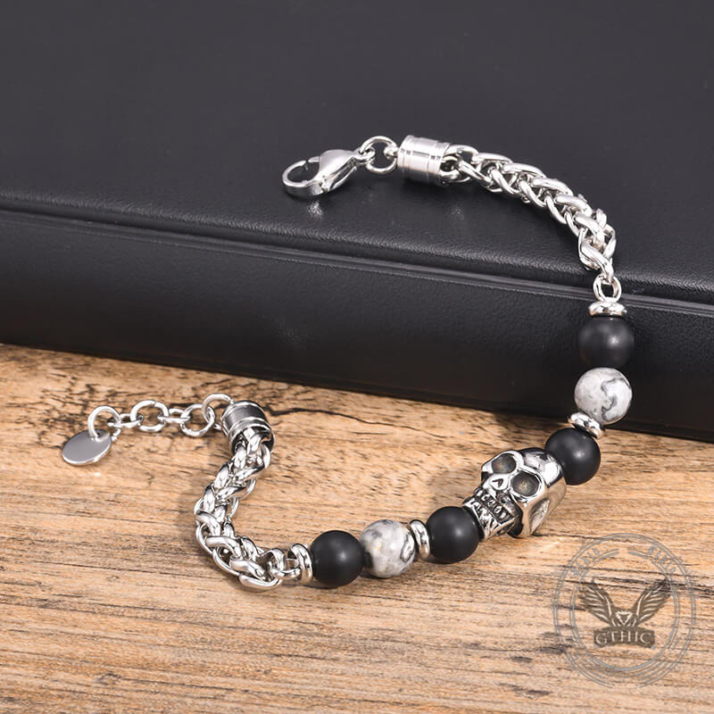 Pulsera de acero inoxidable con piedra de mapa de cornalina y cabeza de calavera