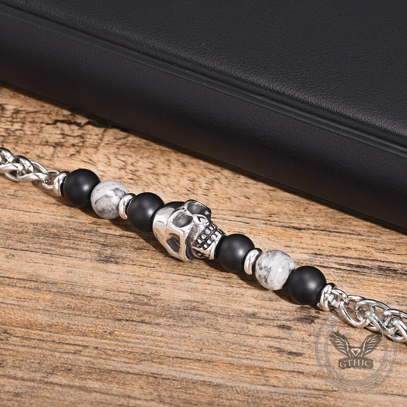 Pulsera de acero inoxidable con piedra de mapa de cornalina y cabeza de calavera