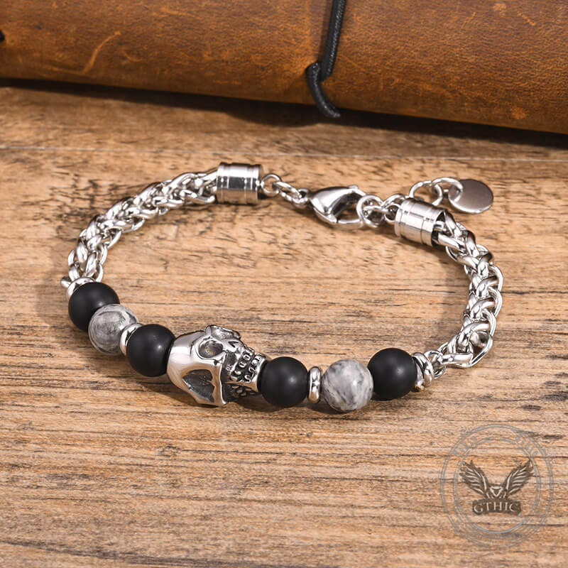 Pulsera de acero inoxidable con piedra de mapa de cornalina y cabeza de calavera