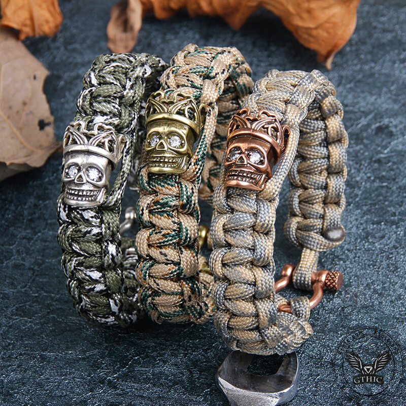 Pulsera de paracord de aleación con corona de calavera y rey