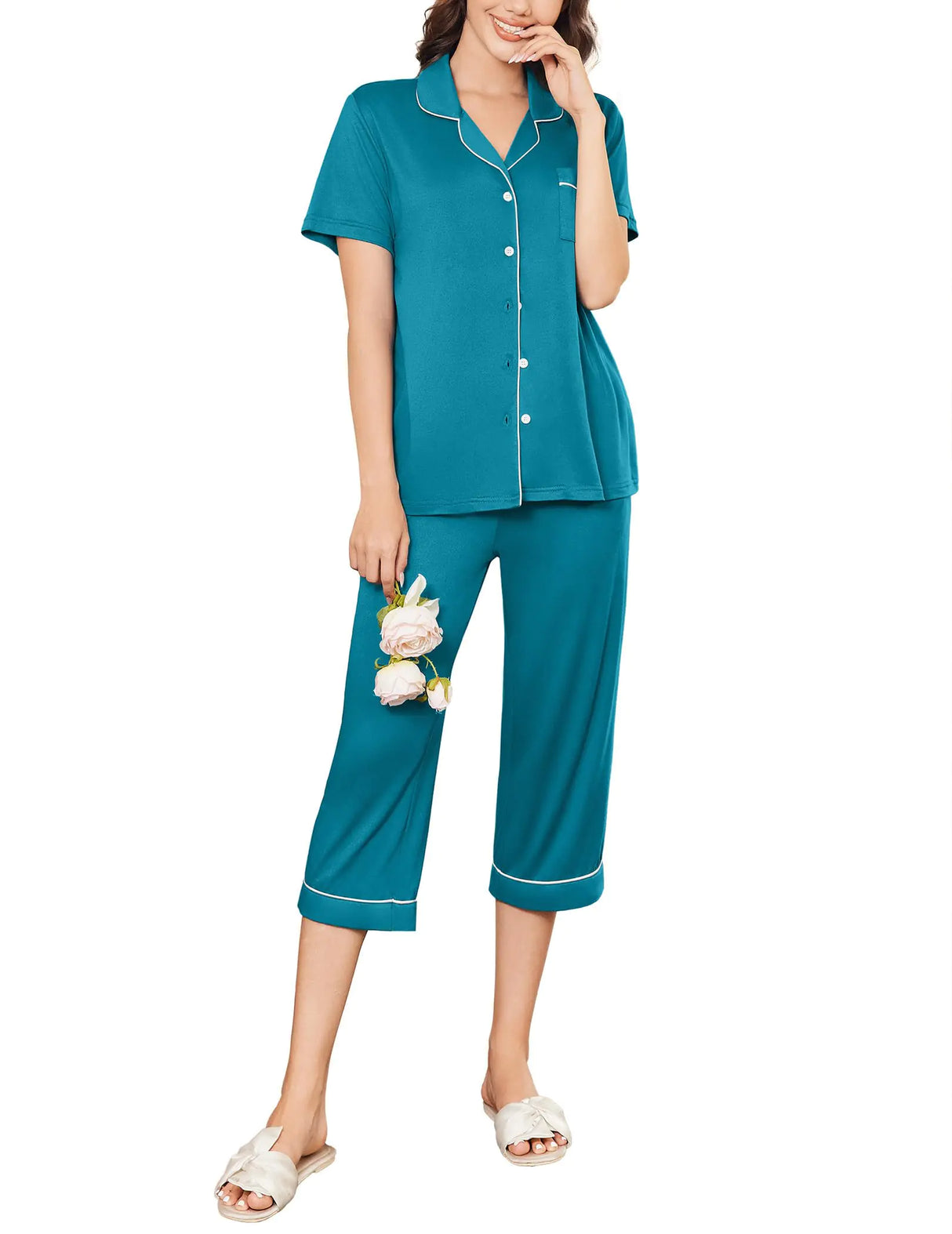 Pyjama Capri Ekouaer pour femme, manches courtes, boutonné, ensemble de nuit confortable, pantalon 2 pièces, bleu, vert, taille L