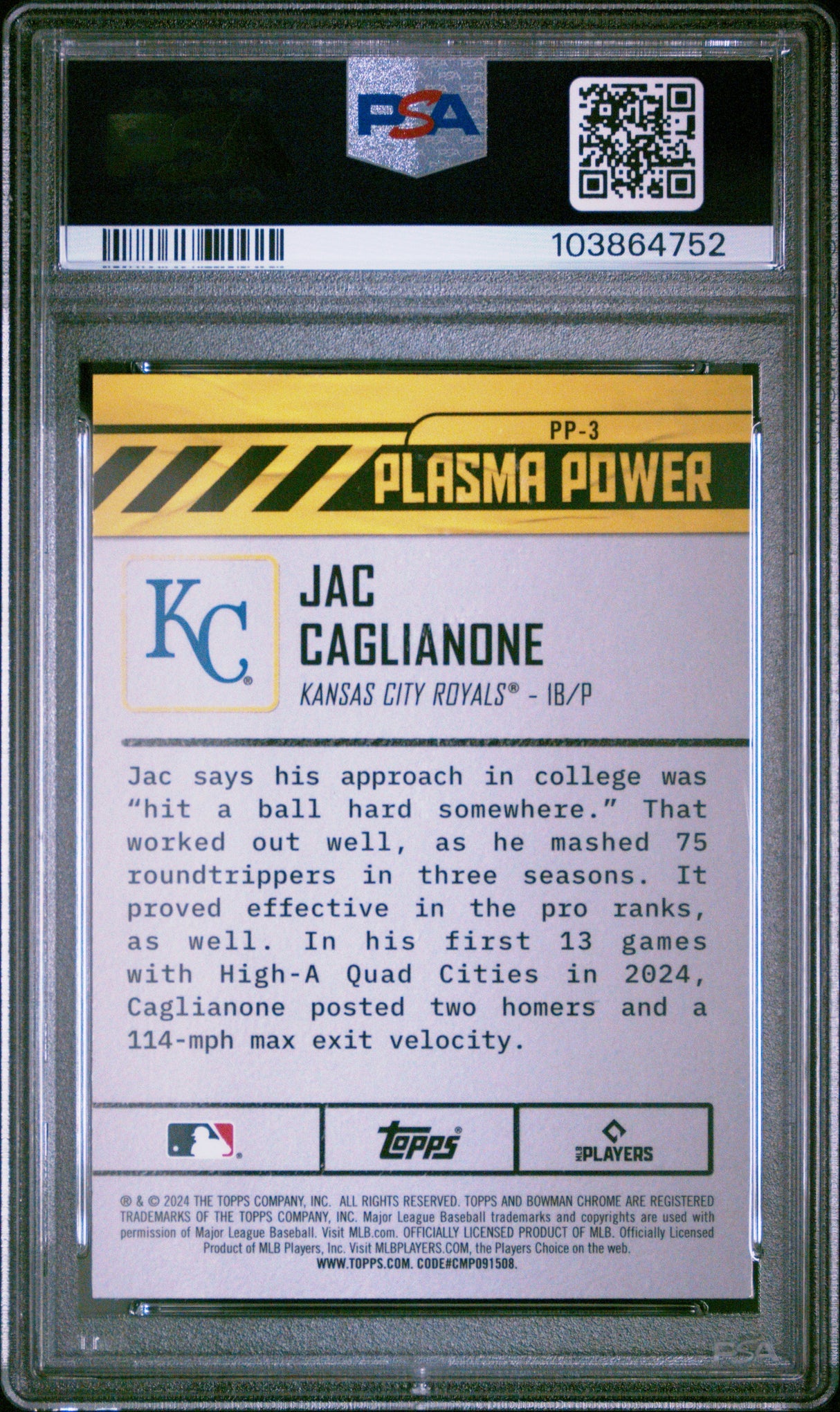 Tarjeta de béisbol Jac Caglianone #PP3 Plasma Power Rookie RC del Draft Topps Bowman 2024, calificada, PSA 10 Gem Mint
