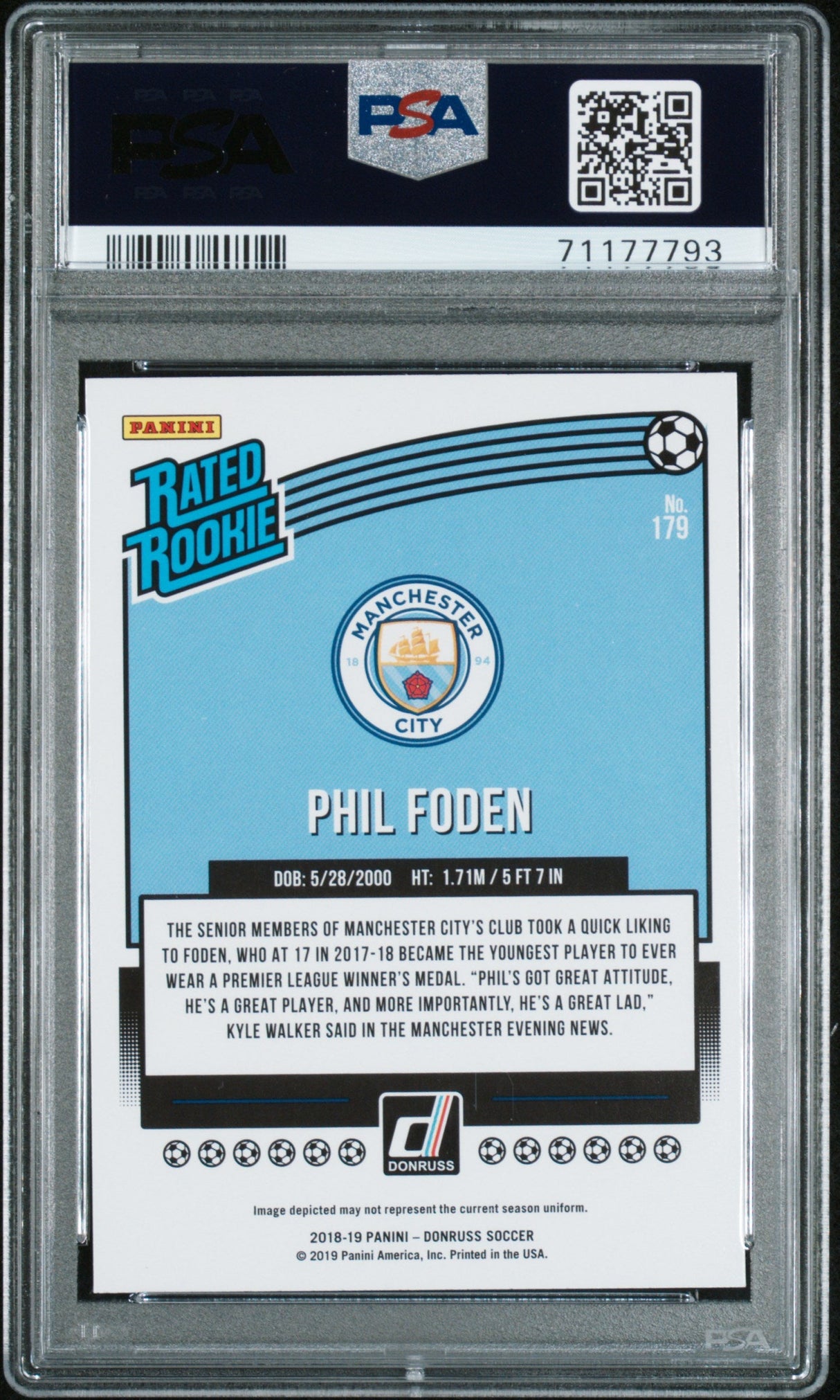 Tarjeta de fútbol RC de novato Phil Foden #179 de Panini Donruss, clasificada en 2018, PSA 10 Gem Mint