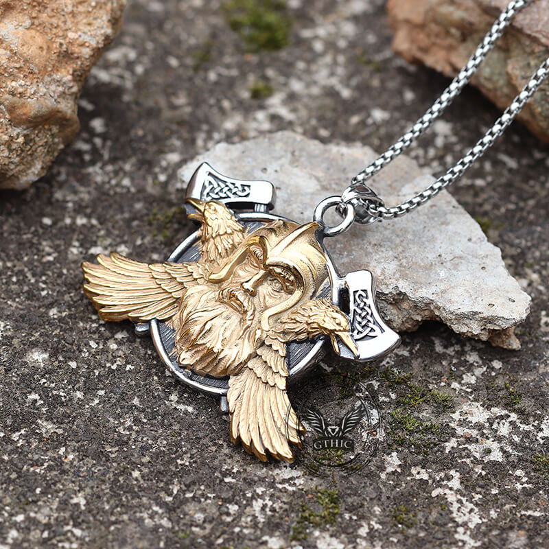 Colgante vikingo de acero inoxidable con forma de cuervo de Odín y hacha de guerra