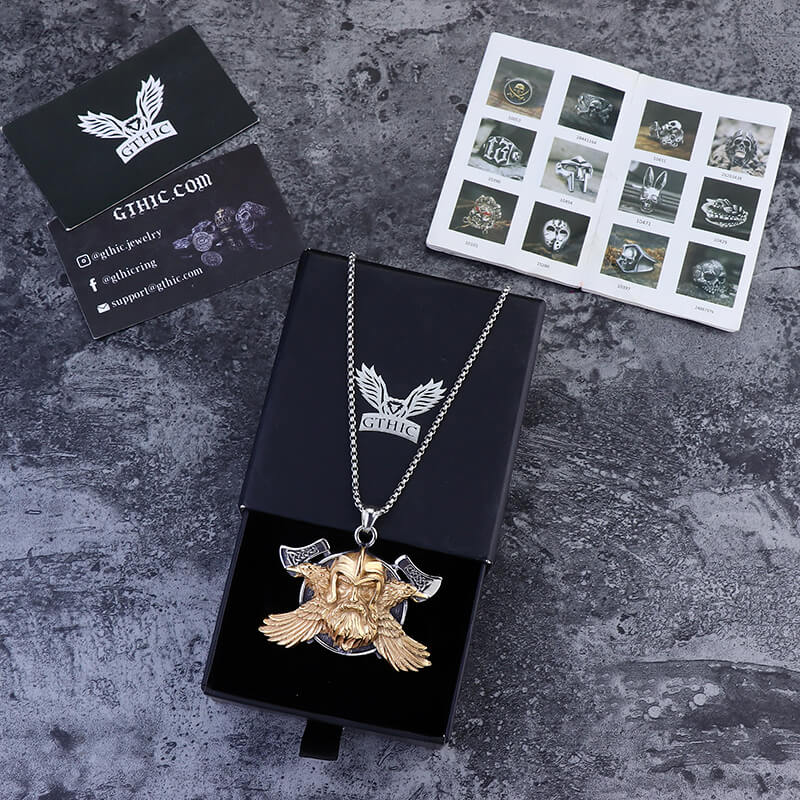 Colgante vikingo de acero inoxidable con forma de cuervo de Odín y hacha de guerra