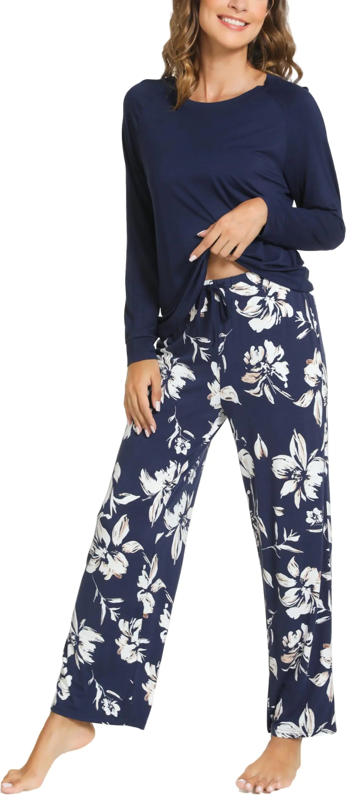 Ensemble pyjama 2 pièces GYS pour femme, manches longues, confortable, en viscose de bambou, bleu marine, taille XL