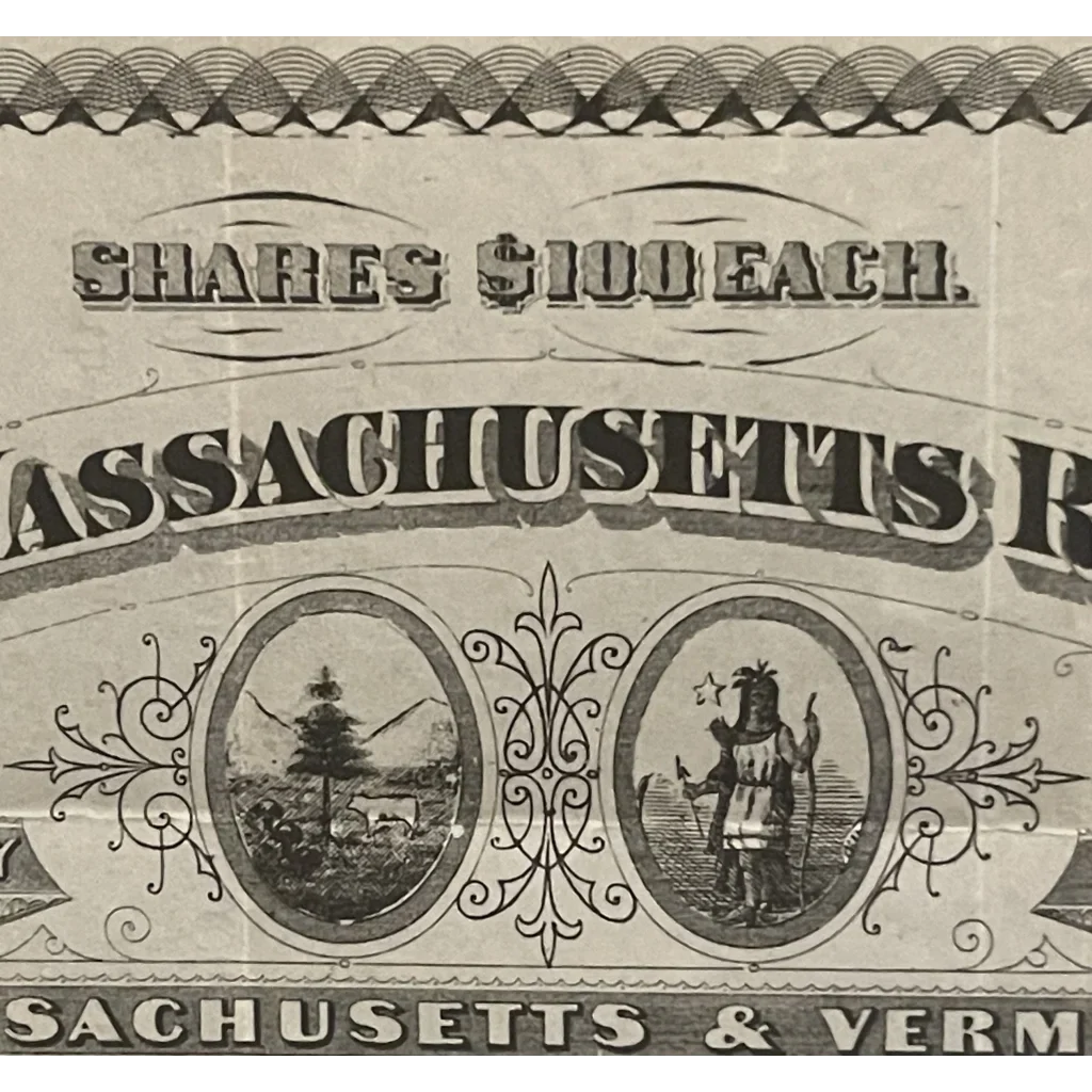Rare 1800s Vermont and Massachusetts Railroad Stock Certificate